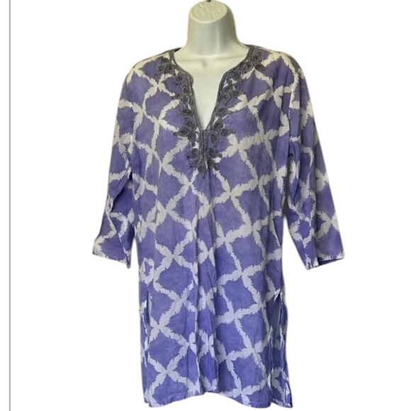 Roberta Roller Rabbit tunic v neck purple white batik cotton 3/4 sleeves Size M - Picture 1 of 7